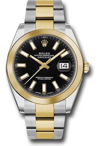 Rolex Steel and Yellow Gold Rolesor Datejust 41 Watch - Smooth Bezel - Black Index Dial - Oyster Bracelet