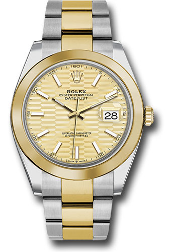 Rolex Yellow Rolesor Datejust 41 Watch - Smooth Bezel - Golden Fluted Motif Index Dial - Oyster Bracelet