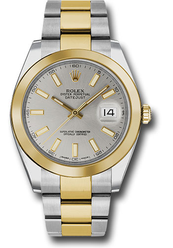 Rolex Steel and Yellow Gold Rolesor Datejust 41 Watch - Smooth Bezel - Silver Index Dial - Oyster Bracelet