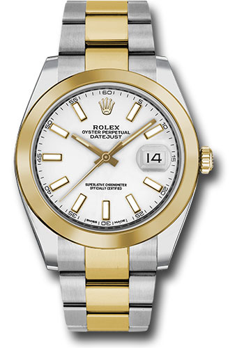Rolex Steel and Yellow Gold Rolesor Datejust 41 Watch - Smooth Bezel - White Index Dial - Oyster Bracelet
