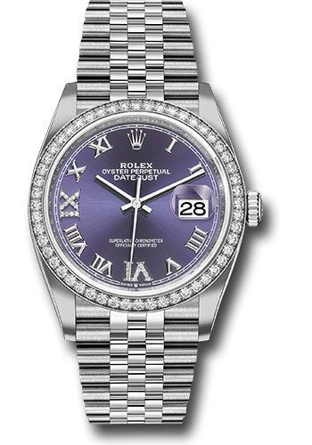 Rolex Steel Datejust 36 Watch - Diamond Bezel - Aubergine Purple Diamond Roman VI and IX Dial - Jubilee Bracelet