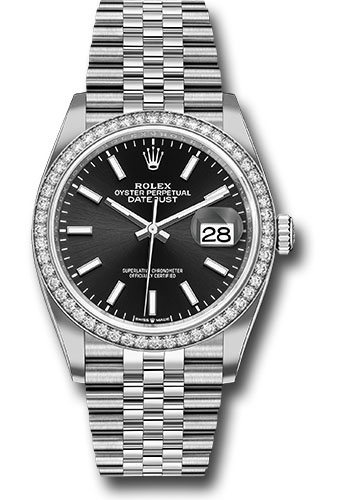 Rolex Steel Datejust 36 Watch - Diamond Bezel - Black Index Dial - Jubilee Bracelet