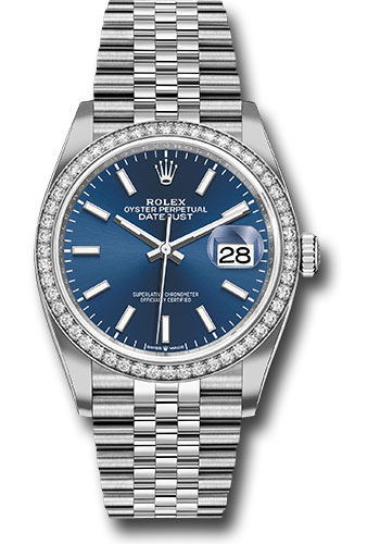 Rolex Steel Datejust 36 Watch - Diamond Bezel - Blue Index Dial - Jubilee Bracelet
