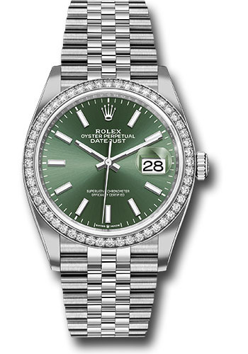 Rolex White Rolesor Datejust 36 Watch - Diamond Bezel - Mint Green Index Dial - Jubilee Bracelet