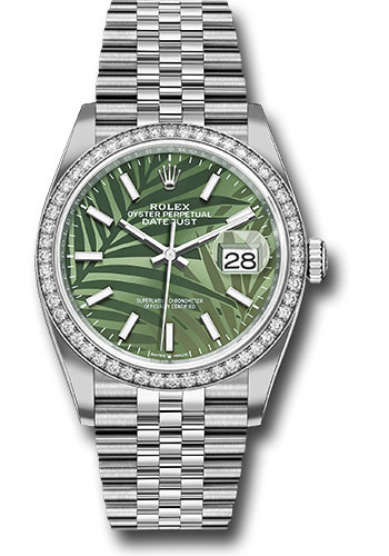 Rolex White Rolesor Datejust 36 Watch - Diamond Bezel - Olive Green Palm Motif Index 6 Dial - Jubilee Bracelet