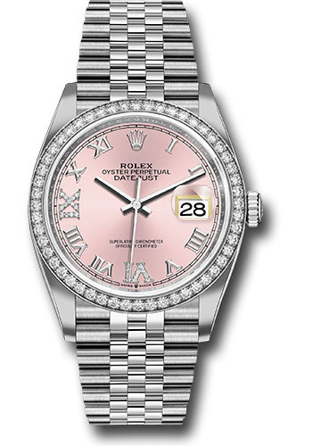 Rolex Steel Datejust 36 Watch - Diamond Bezel - Pink Diamond Roman VI and IX Dial - Jubilee Bracelet
