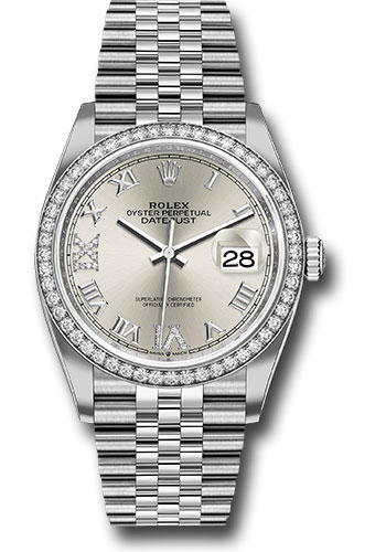 Rolex Steel Datejust 36 Watch - Diamond Bezel - Silver Diamond Roman VI and IX Dial - Jubilee Bracelet