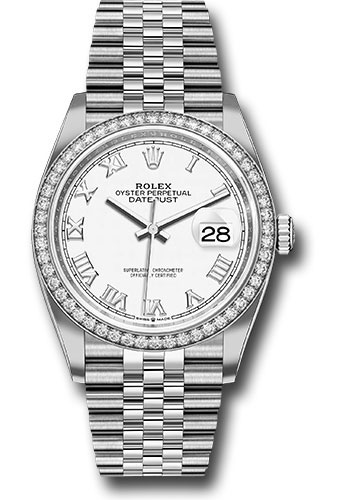 Rolex Steel Datejust 36 Watch - Diamond Bezel - White Roman Dial - Jubilee Bracelet
