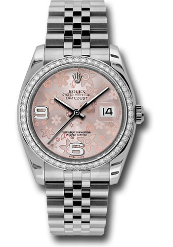 Rolex Steel and White Gold Datejust 36 Watch - 52 Diamond Bezel - Pink Floral Arabic Dial - Jubilee Bracelet