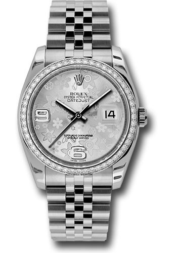 Rolex Steel and White Gold Datejust 36 Watch - 52 Diamond Bezel - Silver Floral Arabic Dial - Jubilee Bracelet
