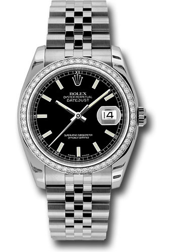 Rolex Steel and White Gold Datejust 36 Watch - 52 Diamond Bezel - Black Index Dial - Jubilee Bracelet