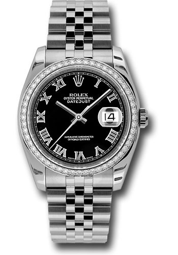 Rolex Steel and White Gold Datejust 36 Watch - 52 Diamond Bezel - Black Roman Dial - Jubilee Bracelet