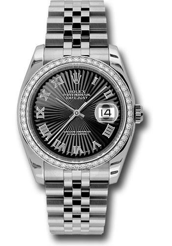 Rolex Steel and White Gold Datejust 36 Watch - 52 Diamond Bezel - Black Sunbeam Roman Dial - Jubilee Bracelet