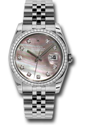 Rolex Steel and White Gold Datejust 36 Watch - 52 Diamond Bezel - Dark Mother-Of-Pearl Diamond Dial - Jubilee Bracelet