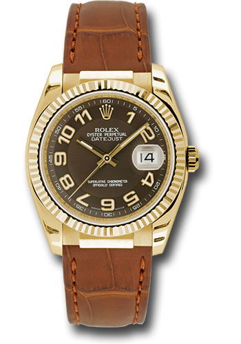 Rolex Yellow Gold Datejust 36 Watch - Fluted Bezel - Brown Arabic Dial - Brown Leather