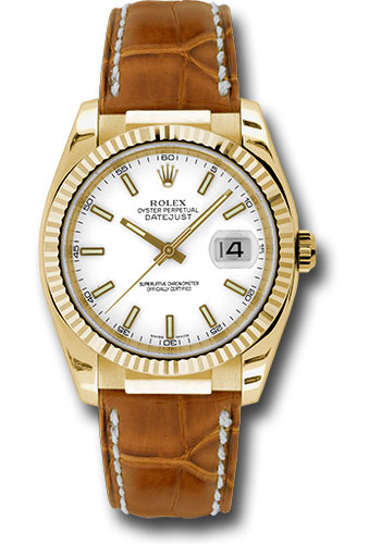 Rolex Yellow Gold Datejust 36 Watch - Fluted Bezel - White Index Dial - Brown Leather
