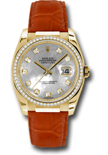 Rolex Yellow Gold Datejust 36 Watch - 60 Diamond Bezel - Mother-Of-Pearl Diamond Dial - Leather