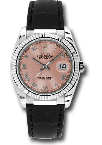 Rolex White Gold Datejust 36 Watch - Fluted Bezel - Pink Roman Dial - Black Leather
