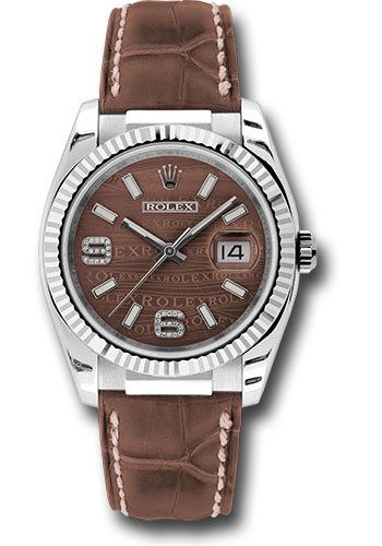 Rolex White Gold Datejust 36 Watch - Fluted Bezel - Brown Wave Diamond 6 And 9 Arabic Dial - Brown Leather
