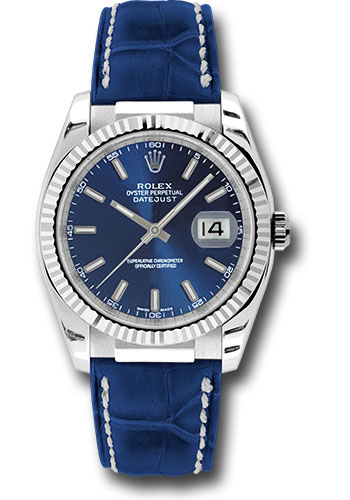 Rolex White Gold Datejust 36 Watch - Fluted Bezel - Blue Index Dial - Blue Leather
