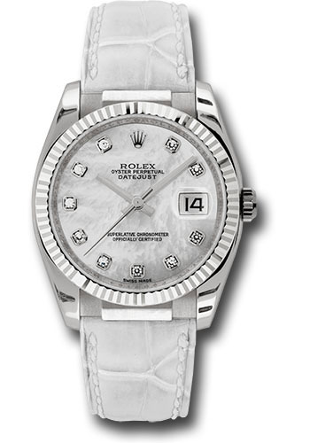 Rolex White Gold Datejust 36 Watch - Fluted Bezel - Mother-Of-Pearl Diamond Dial - Leather