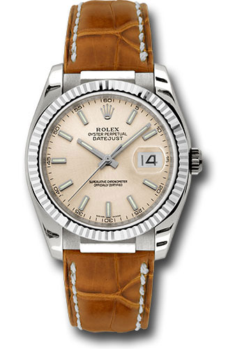 Rolex White Gold Datejust 36 Watch - Fluted Bezel - Pink Index Dial - Brown Leather