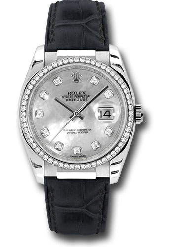 Rolex White Gold Datejust 36 Watch - 60 Diamond Bezel - Mother-Of-Pearl Diamond Dial - Leather