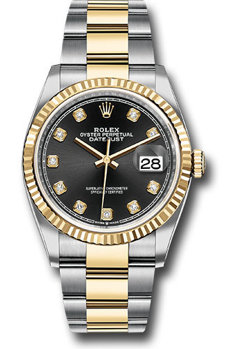 olex Steel and Yellow Gold Rolesor Datejust 36 Watch - Fluted Bezel - Black Diamond Dial - Oyster Bracelet