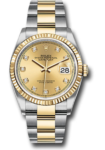Rolex Steel and Yellow Gold Rolesor Datejust 36 Watch - Fluted Bezel - Champagne Diamond Dial - Oyster Bracelet
