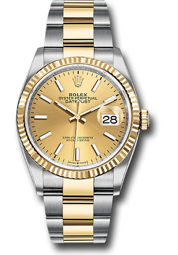 Rolex Steel and Yellow Gold Rolesor Datejust 36 Watch - Fluted Bezel - Champagne Index Dial - Oyster Bracelet