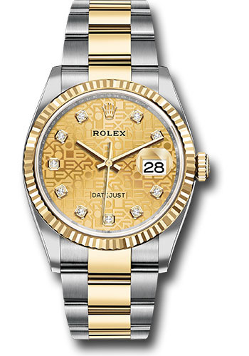 Rolex Yellow Rolesor Datejust 36 Watch - Fluted Bezel - Champagne Jubilee Diamond Dial - Oyster Bracelet