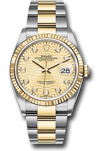 Rolex Yellow Rolesor Datejust 36 Watch - Fluted Bezel - Golden Fluted Motif Diamond Dial - Oyster Bracelet