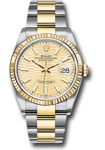 Rolex Rolex Steel and Yellow Gold Rolesor Datejust 36 Watch - Fluted Bezel - Golden Fluted Motif Index Dial - Oyster Bracelet