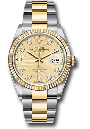 Rolex Yellow Rolesor Datejust 36 Watch - Fluted Bezel - Golden Palm Motif Diamond Dial - Oyster Bracelet