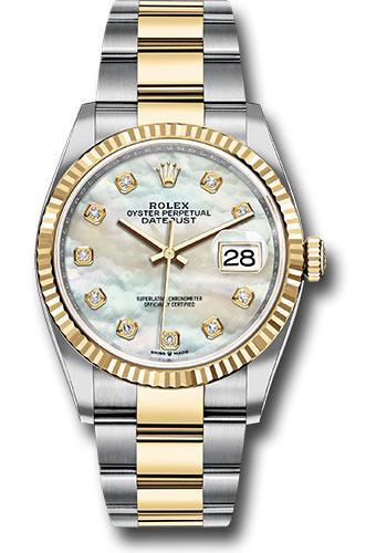Rolex Steel and Yellow Gold Rolesor Datejust 36 Watch - Fluted Bezel - White Mother-Of-Pearl Diamond Dial - Oyster Bracelet