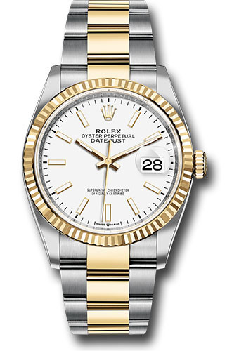 Rolex Steel and Yellow Gold Rolesor Datejust 36 Watch - Fluted Bezel - White Index Dial - Oyster Bracelet