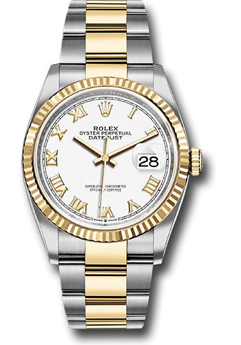 Rolex Steel and Yellow Gold Rolesor Datejust 36 Watch - Fluted Bezel - White Roman Dial - Oyster Bracelet
