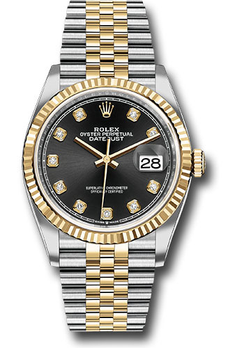 Rolex Steel and Yellow Gold Rolesor Datejust 36 Watch - Fluted Bezel - Black Diamond Dial - Jubilee Bracelet
