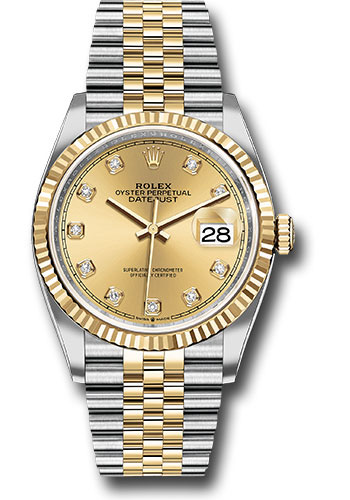 Rolex Steel and Yellow Gold Rolesor Datejust 36 Watch - Fluted Bezel - Champagne Diamond Dial - Jubilee Bracelet