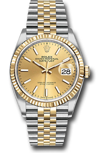 Rolex Steel and Yellow Gold Rolesor Datejust 36 Watch - Fluted Bezel - Champagne Index Dial - Jubilee Bracelet