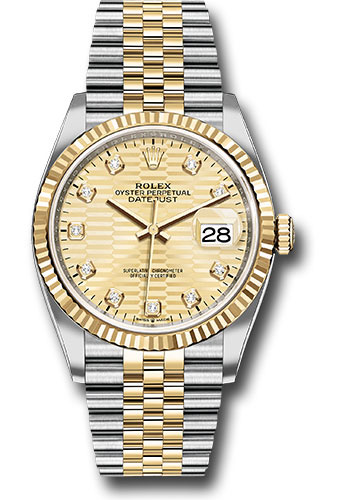 Rolex Yellow Rolesor Datejust 36 Watch - Fluted Bezel - Golden Fluted Motif Diamond Dial - Jubilee Bracelet