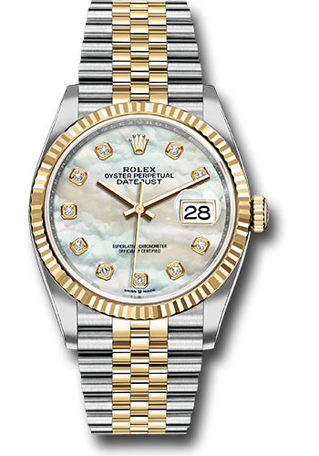 Rolex Steel and Yellow Gold Rolesor Datejust 36 Watch - Fluted Bezel - White Mother-Of-Pearl Diamond Dial - Jubilee Bracelet