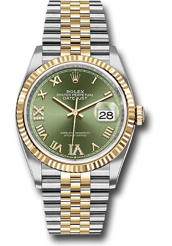 Rolex Steel and Yellow Gold Rolesor Datejust 36 Watch - Fluted Bezel - Olive Green Roman Dial - Jubilee Bracelet