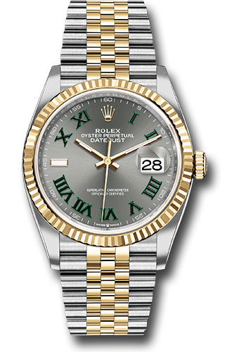 Rolex Yellow Rolesor Datejust 36 Watch - Fluted Bezel - Slate Roman Dial - Jubilee Bracelet