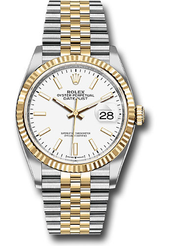 Rolex Steel and Yellow Gold Rolesor Datejust 36 Watch - Fluted Bezel - White Index Dial - Jubilee Bracelet