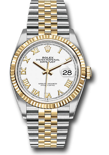 Rolex Steel and Yellow Gold Rolesor Datejust 36 Watch - Fluted Bezel - White Roman Dial - Jubilee Bracelet