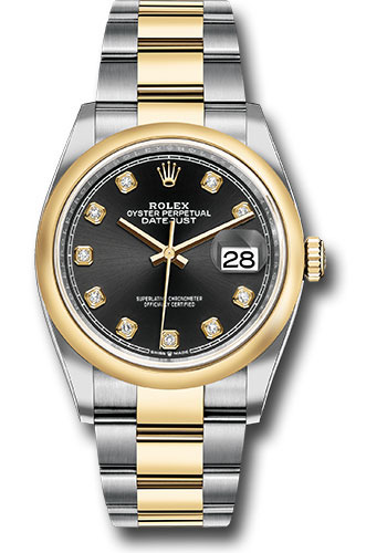 Rolex Steel and Yellow Gold Rolesor Datejust 36 Watch - Domed Bezel - Black Diamond Dial - Oyster Bracelet