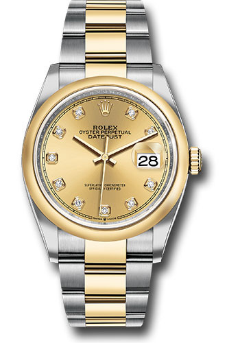 Rolex Steel and Yellow Gold Rolesor Datejust 36 Watch - Domed Bezel - Champagne Diamond Dial - Oyster Bracelet
