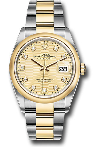 Rolex Yellow Rolesor Datejust 36 Watch - Domed Bezel - Golden Fluted Motif Diamond Dial - Oyster Bracelet