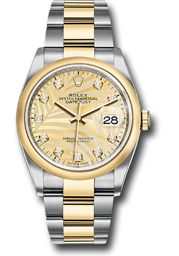 Rolex Yellow Rolesor Datejust 36 Watch - Domed Bezel - Golden Palm Motif Diamond Dial - Oyster Bracelet